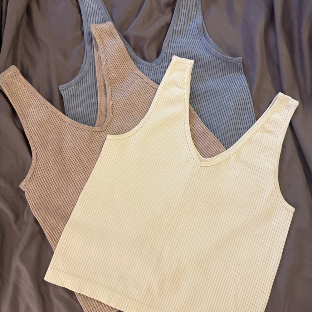 Ribbed Tank Top Set - Cream, Tan, Gray